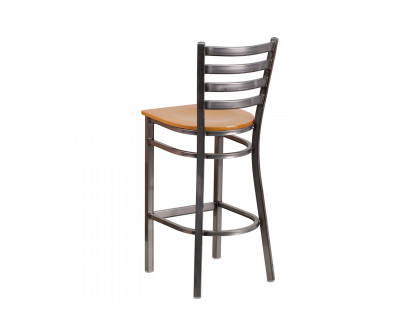 BLNK HERCULES Series Clear Coated Metal Ladder Back Restaurant Bar Stool with Wood Seat - Natural