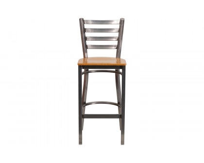 BLNK HERCULES Series Clear Coated Metal Ladder Back Restaurant Bar Stool with Wood Seat - Natural