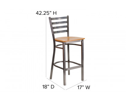 BLNK HERCULES Series Clear Coated Metal Ladder Back Restaurant Bar Stool with Wood Seat - Natural