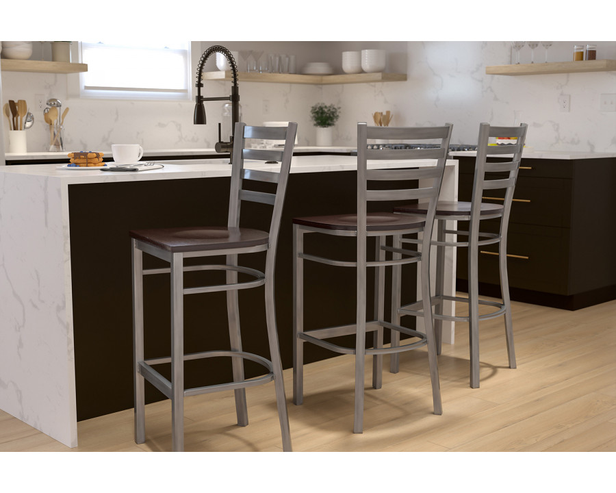 BLNK HERCULES Series Clear Coated Metal Ladder Back Restaurant Bar Stool with Wood Seat