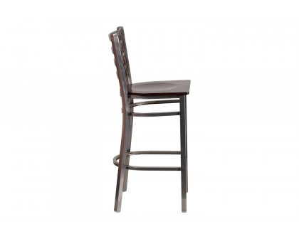 BLNK HERCULES Series Clear Coated Metal Ladder Back Restaurant Bar Stool with Wood Seat - Walnut