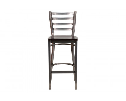 BLNK HERCULES Series Clear Coated Metal Ladder Back Restaurant Bar Stool with Wood Seat - Walnut