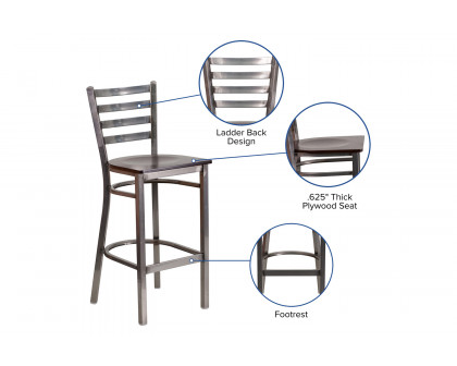 BLNK HERCULES Series Clear Coated Metal Ladder Back Restaurant Bar Stool with Wood Seat - Walnut