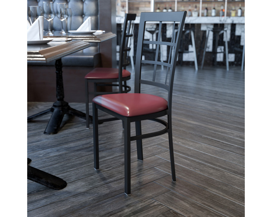 BLNK HERCULES Series Black Metal Window Back Restaurant Chair with Vinyl Seat - Burgundy