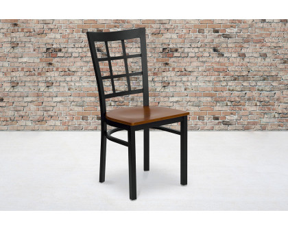 BLNK HERCULES Series Black Metal Window Back Restaurant Chair with Wood Seat