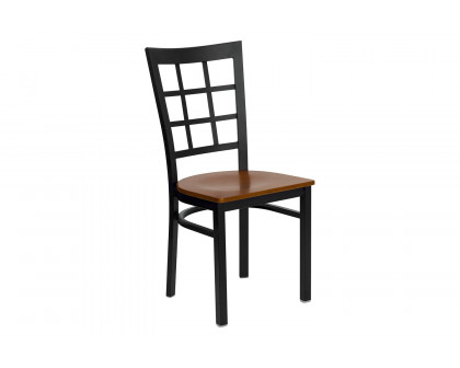 BLNK HERCULES Series Black Metal Window Back Restaurant Chair with Wood Seat - Cherry