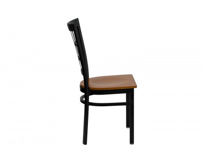 BLNK HERCULES Series Black Metal Window Back Restaurant Chair with Wood Seat - Cherry