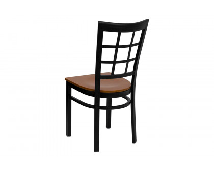 BLNK HERCULES Series Black Metal Window Back Restaurant Chair with Wood Seat - Cherry