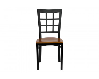 BLNK HERCULES Series Black Metal Window Back Restaurant Chair with Wood Seat - Cherry