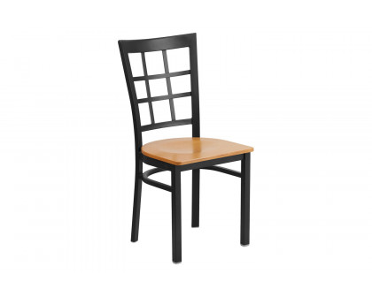 BLNK HERCULES Series Black Metal Window Back Restaurant Chair with Wood Seat