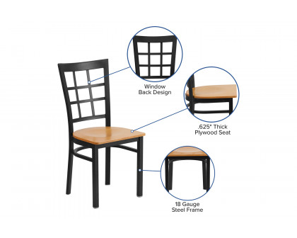 BLNK HERCULES Series Black Metal Window Back Restaurant Chair with Wood Seat - Natural