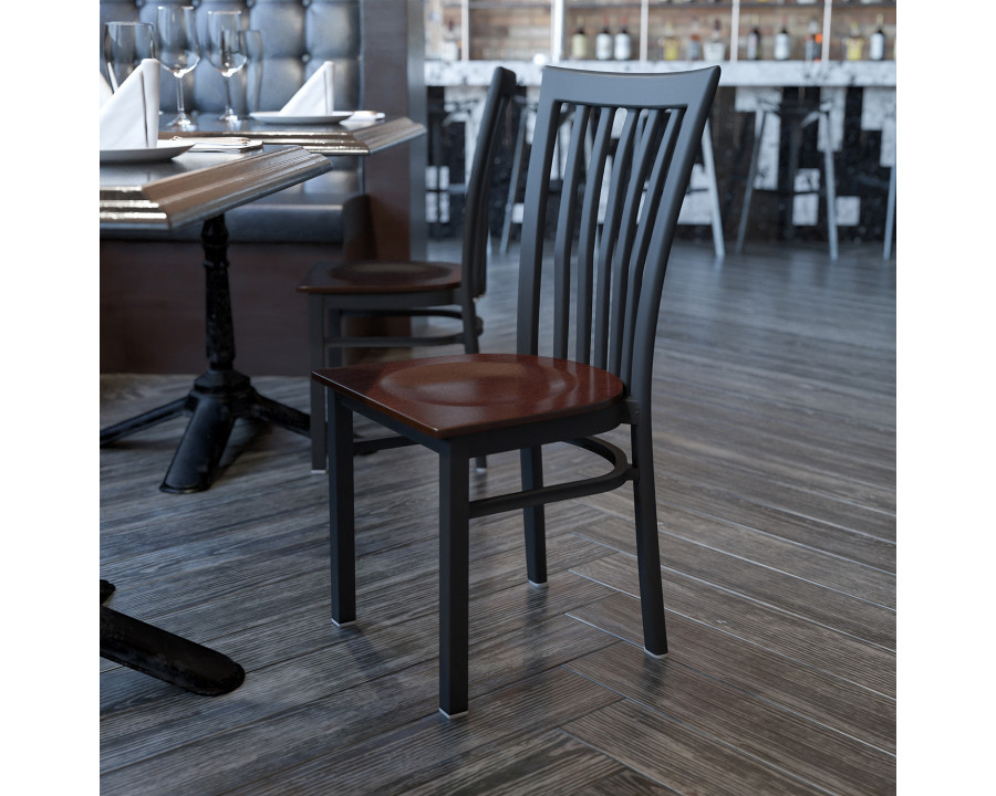 BLNK HERCULES Series Black Metal School House Back Restaurant Chair with Wood Seat - Walnut