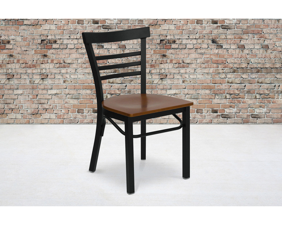 BLNK HERCULES Series Black Metal Three-Slat Ladder Back Restaurant Chair with Wood Seat