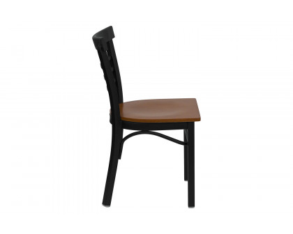 BLNK HERCULES Series Black Metal Three-Slat Ladder Back Restaurant Chair with Wood Seat - Cherry