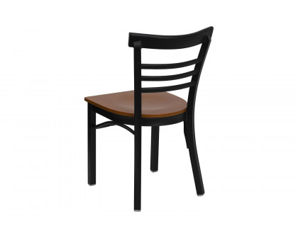 BLNK HERCULES Series Black Metal Three-Slat Ladder Back Restaurant Chair with Wood Seat - Cherry