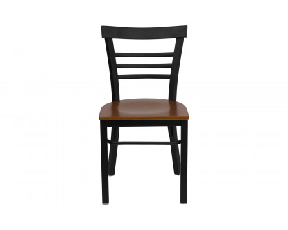 BLNK HERCULES Series Black Metal Three-Slat Ladder Back Restaurant Chair with Wood Seat - Cherry