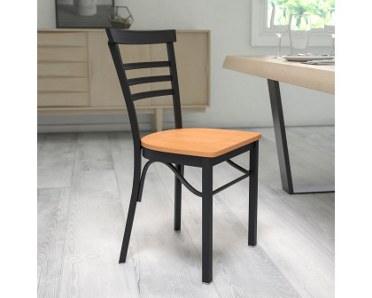 BLNK HERCULES Series Black Metal Three-Slat Ladder Back Restaurant Chair with Wood Seat