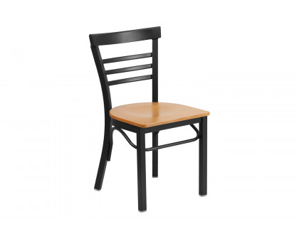 BLNK HERCULES Series Black Metal Three-Slat Ladder Back Restaurant Chair with Wood Seat - Natural