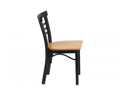 BLNK HERCULES Series Black Metal Three-Slat Ladder Back Restaurant Chair with Wood Seat - Natural