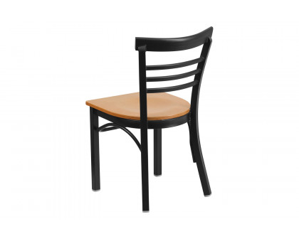 BLNK HERCULES Series Black Metal Three-Slat Ladder Back Restaurant Chair with Wood Seat - Natural