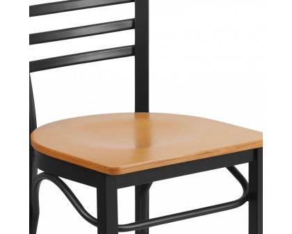 BLNK HERCULES Series Black Metal Three-Slat Ladder Back Restaurant Chair with Wood Seat - Natural