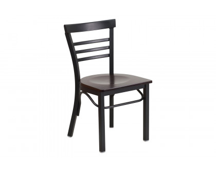 BLNK HERCULES Series Black Metal Three-Slat Ladder Back Restaurant Chair with Wood Seat - Walnut