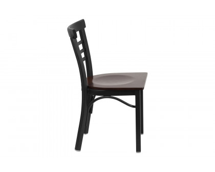 BLNK HERCULES Series Black Metal Three-Slat Ladder Back Restaurant Chair with Wood Seat - Walnut