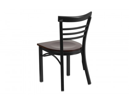 BLNK HERCULES Series Black Metal Three-Slat Ladder Back Restaurant Chair with Wood Seat - Walnut