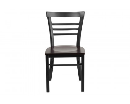 BLNK HERCULES Series Black Metal Three-Slat Ladder Back Restaurant Chair with Wood Seat - Walnut