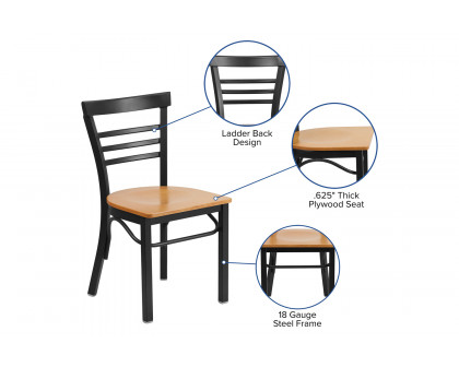 BLNK HERCULES Series Black Metal Three-Slat Ladder Back Restaurant Chair with Wood Seat - Walnut