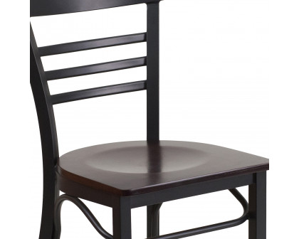 BLNK HERCULES Series Black Metal Three-Slat Ladder Back Restaurant Chair with Wood Seat - Walnut