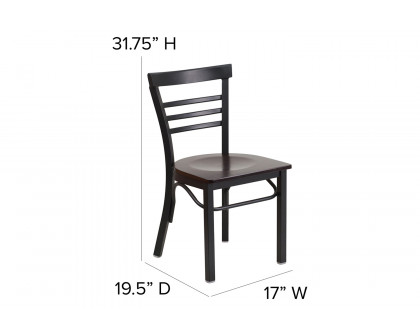 BLNK HERCULES Series Black Metal Three-Slat Ladder Back Restaurant Chair with Wood Seat - Walnut