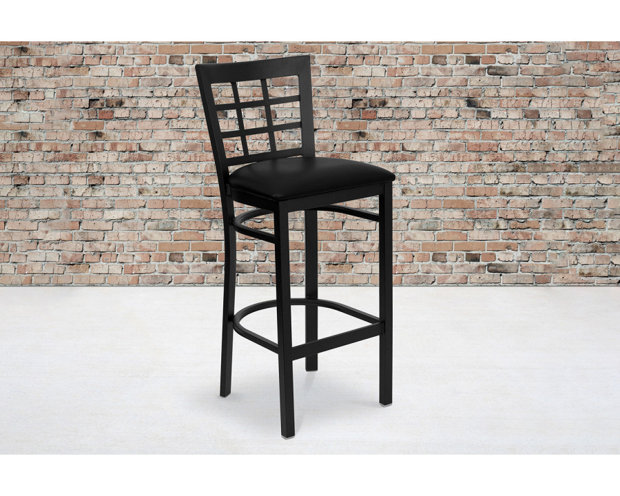 BLNK HERCULES Series Black Metal Window Back Restaurant Bar Stool with Vinyl Seat - Black