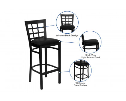 BLNK HERCULES Series Black Metal Window Back Restaurant Bar Stool with Vinyl Seat - Black