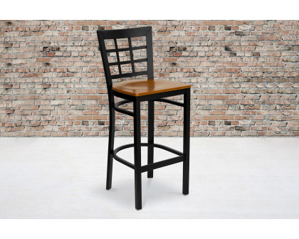 BLNK HERCULES Series Black Metal Window Back Restaurant Bar Stool with Wood Seat