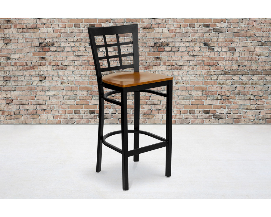 BLNK HERCULES Series Black Metal Window Back Restaurant Bar Stool with Wood Seat - Cherry