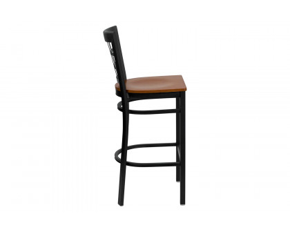 BLNK HERCULES Series Black Metal Window Back Restaurant Bar Stool with Wood Seat - Cherry