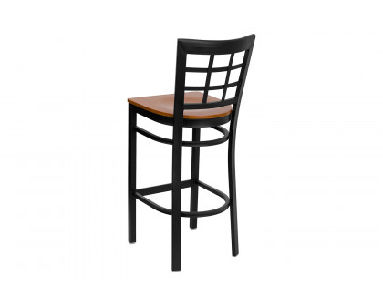 BLNK HERCULES Series Black Metal Window Back Restaurant Bar Stool with Wood Seat - Cherry