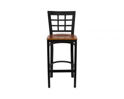 BLNK HERCULES Series Black Metal Window Back Restaurant Bar Stool with Wood Seat - Cherry