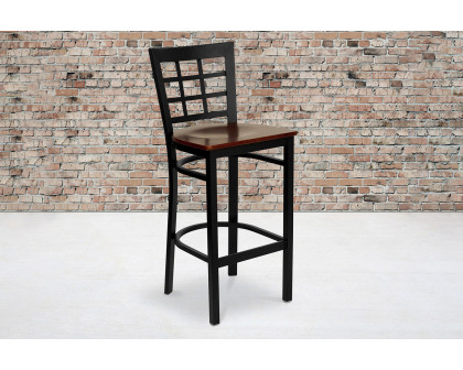 BLNK HERCULES Series Black Metal Window Back Restaurant Bar Stool with Wood Seat