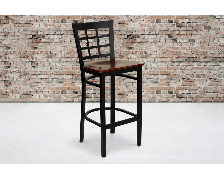 BLNK HERCULES Series Black Metal Window Back Restaurant Bar Stool with Wood Seat - Mahogany