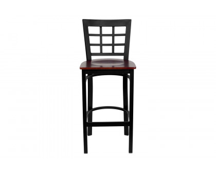 BLNK HERCULES Series Black Metal Window Back Restaurant Bar Stool with Wood Seat - Mahogany