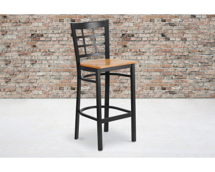 BLNK HERCULES Series Black Metal Window Back Restaurant Bar Stool with Wood Seat