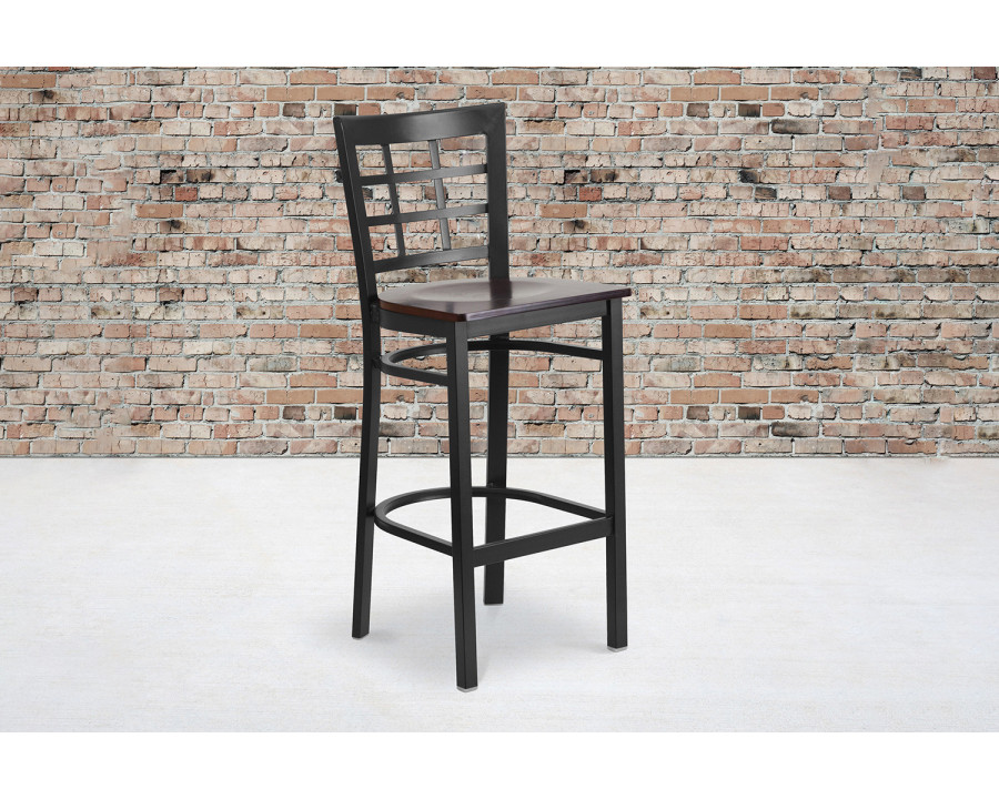 BLNK HERCULES Series Black Metal Window Back Restaurant Bar Stool with Wood Seat