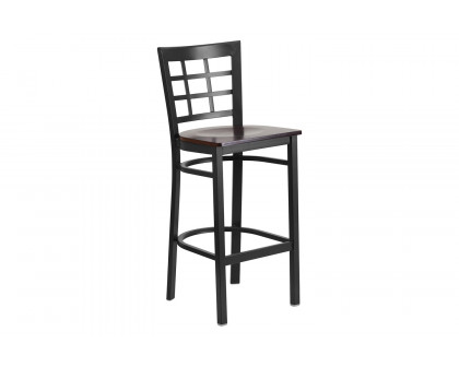 BLNK HERCULES Series Black Metal Window Back Restaurant Bar Stool with Wood Seat