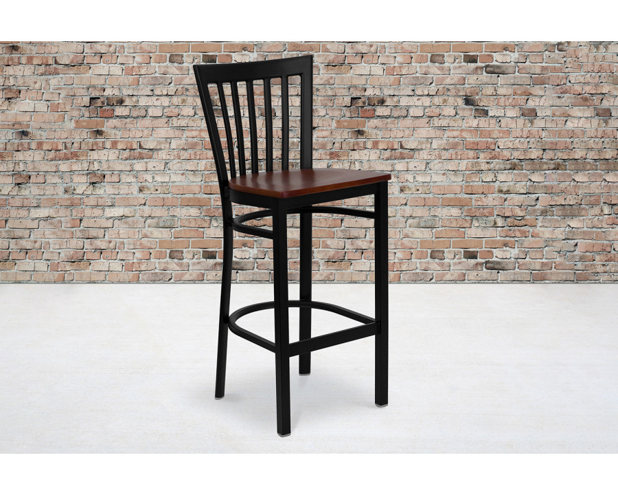 BLNK HERCULES Series Black Metal School House Back Restaurant Bar Stool with Wood Seat - Cherry