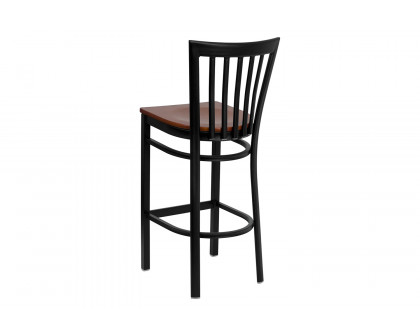 BLNK HERCULES Series Black Metal School House Back Restaurant Bar Stool with Wood Seat - Cherry