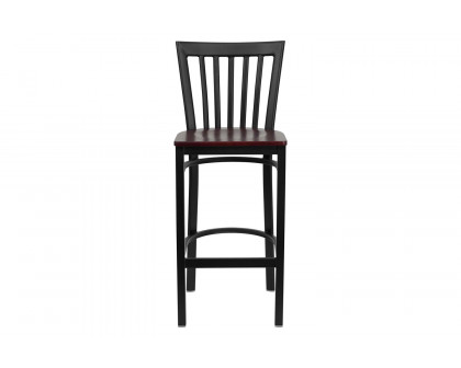 BLNK HERCULES Series Black Metal School House Back Restaurant Bar Stool with Wood Seat - Mahogany