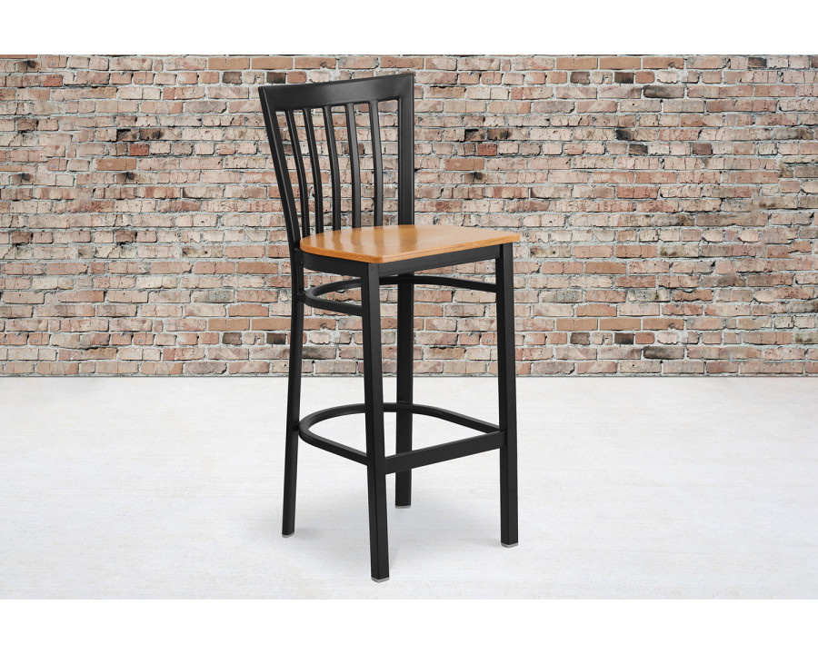 BLNK HERCULES Series Black Metal School House Back Restaurant Bar Stool with Wood Seat