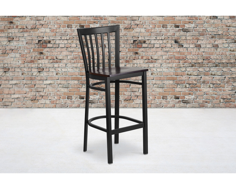 BLNK HERCULES Series Black Metal School House Back Restaurant Bar Stool with Wood Seat - Walnut